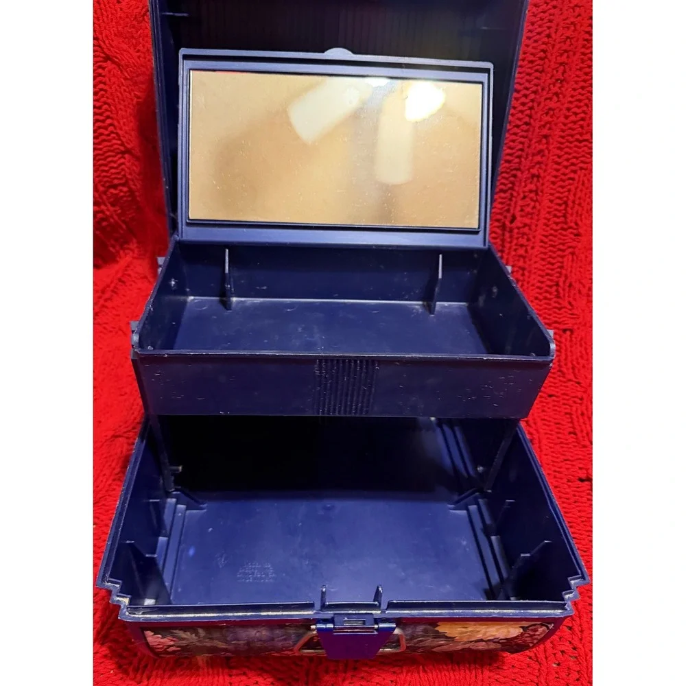 Vintage Sassaby Makeup Organizer Box Floral Navy Blue 90s Vanity Case Mirror